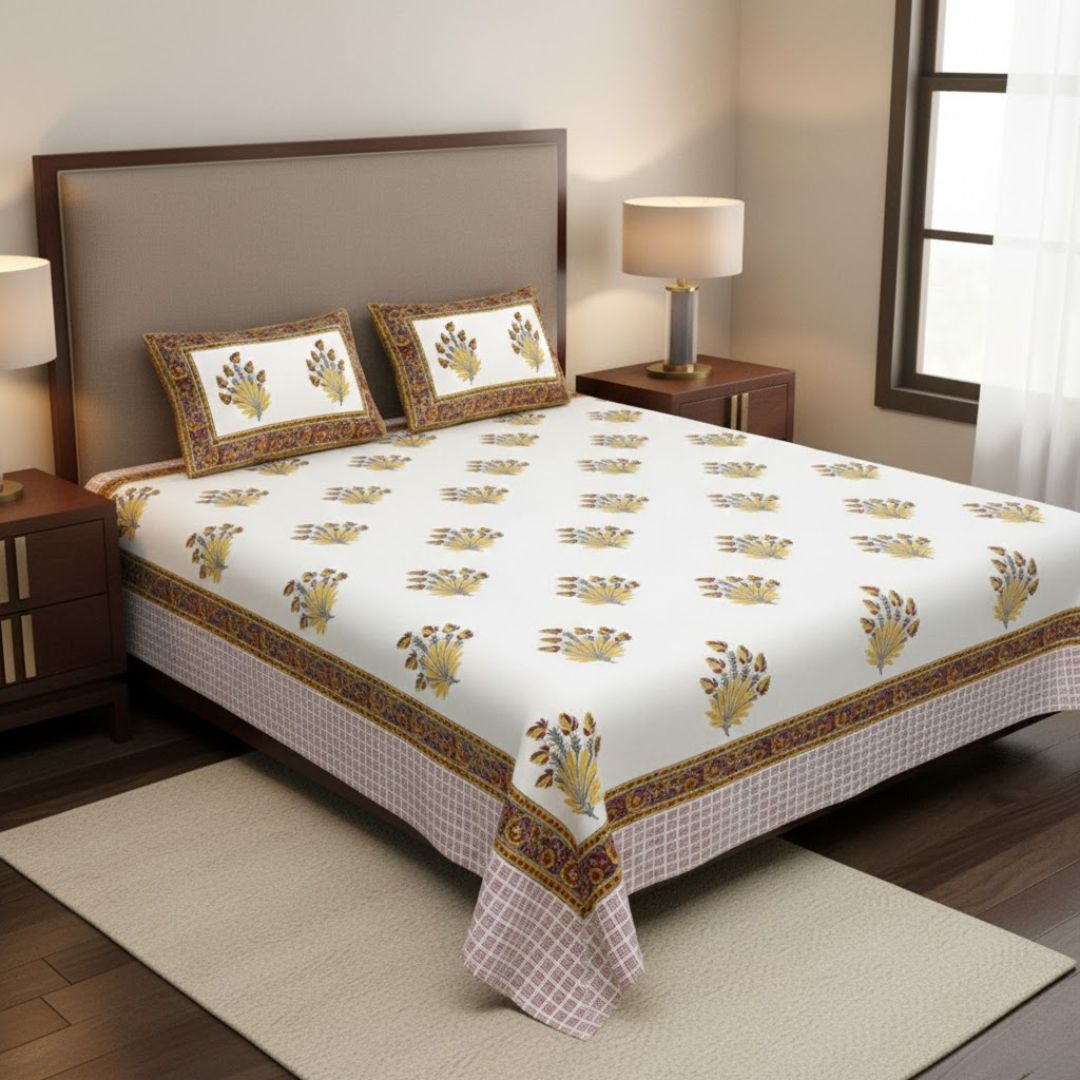 Feathers of Fortune Yellow Hand Block Print Double Bedsheet